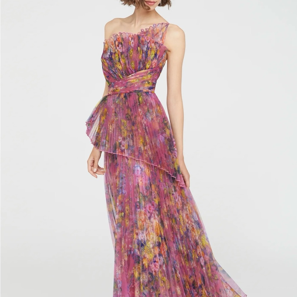 Theia One-Shoulder Floral Dress in Pink and Purple